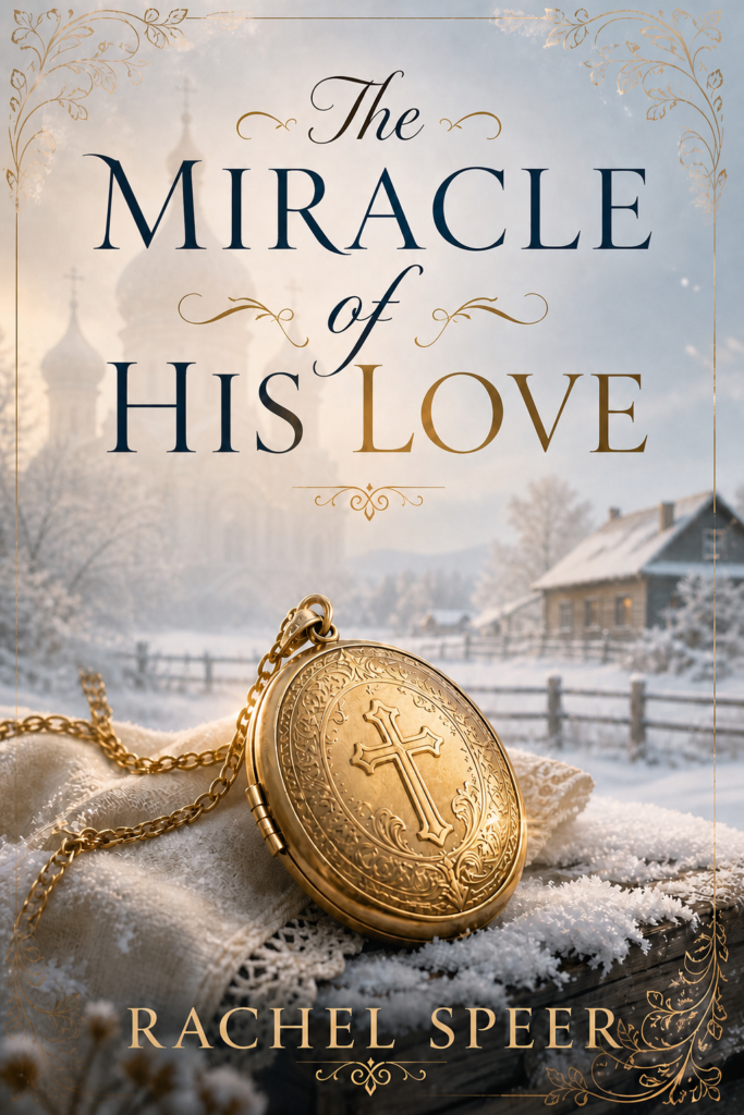 Peaceful, snowy, Russian farm landscape surrounding the golden glow of a Christian girl's locket